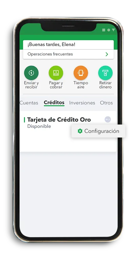 1. Ingresa a Créditos y selecciona la Configuración de tu Tarjera de Crédito Oro